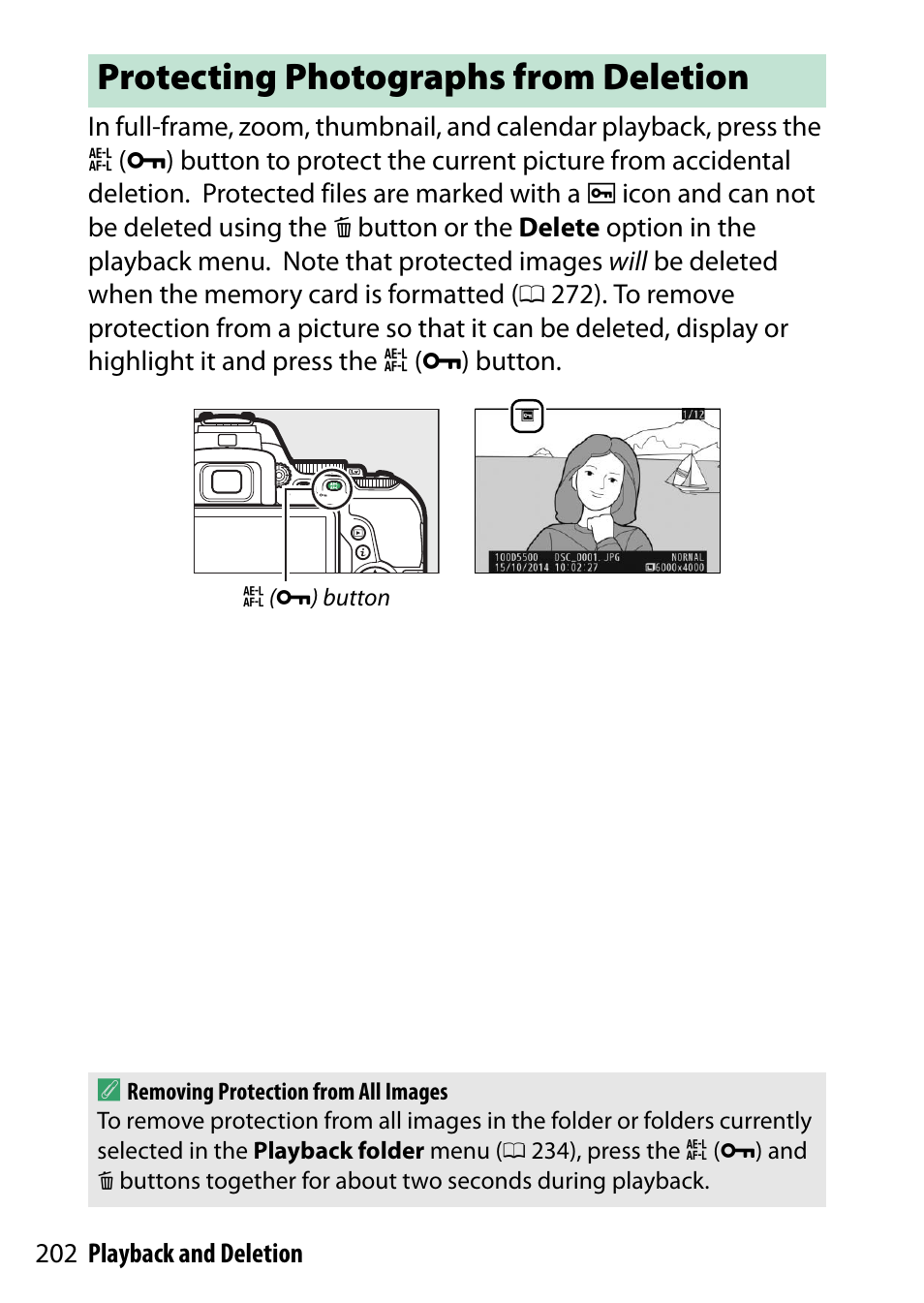 Protecting photographs from deletion | Nikon D5500 User Manual | Page 226 / 436