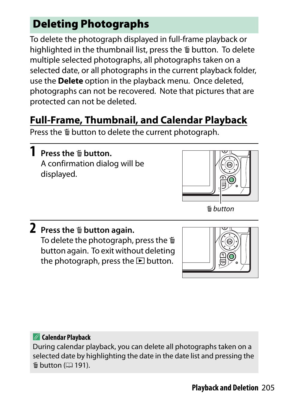 Deleting photographs, Full-frame, thumbnail, and calendar playback | Nikon D5500 User Manual | Page 229 / 436