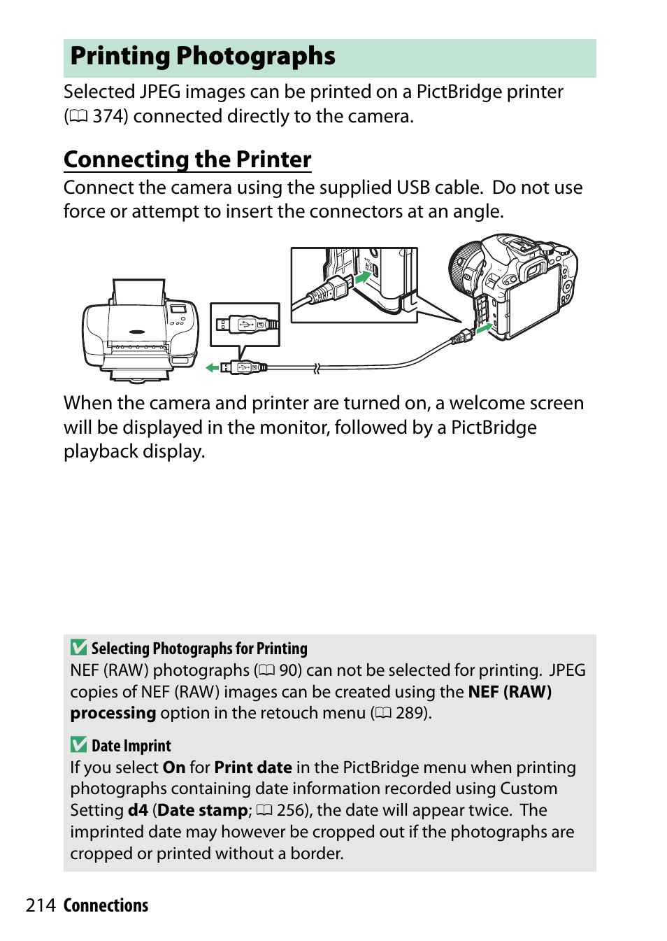 Printing photographs, Connecting the printer | Nikon D5500 User Manual | Page 238 / 436