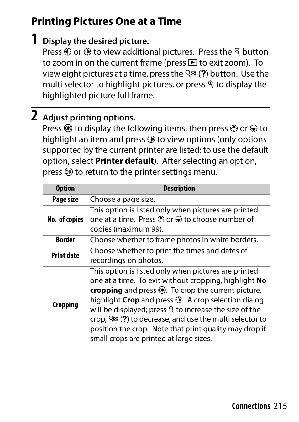 Printing pictures one at a time | Nikon D5500 User Manual | Page 239 / 436