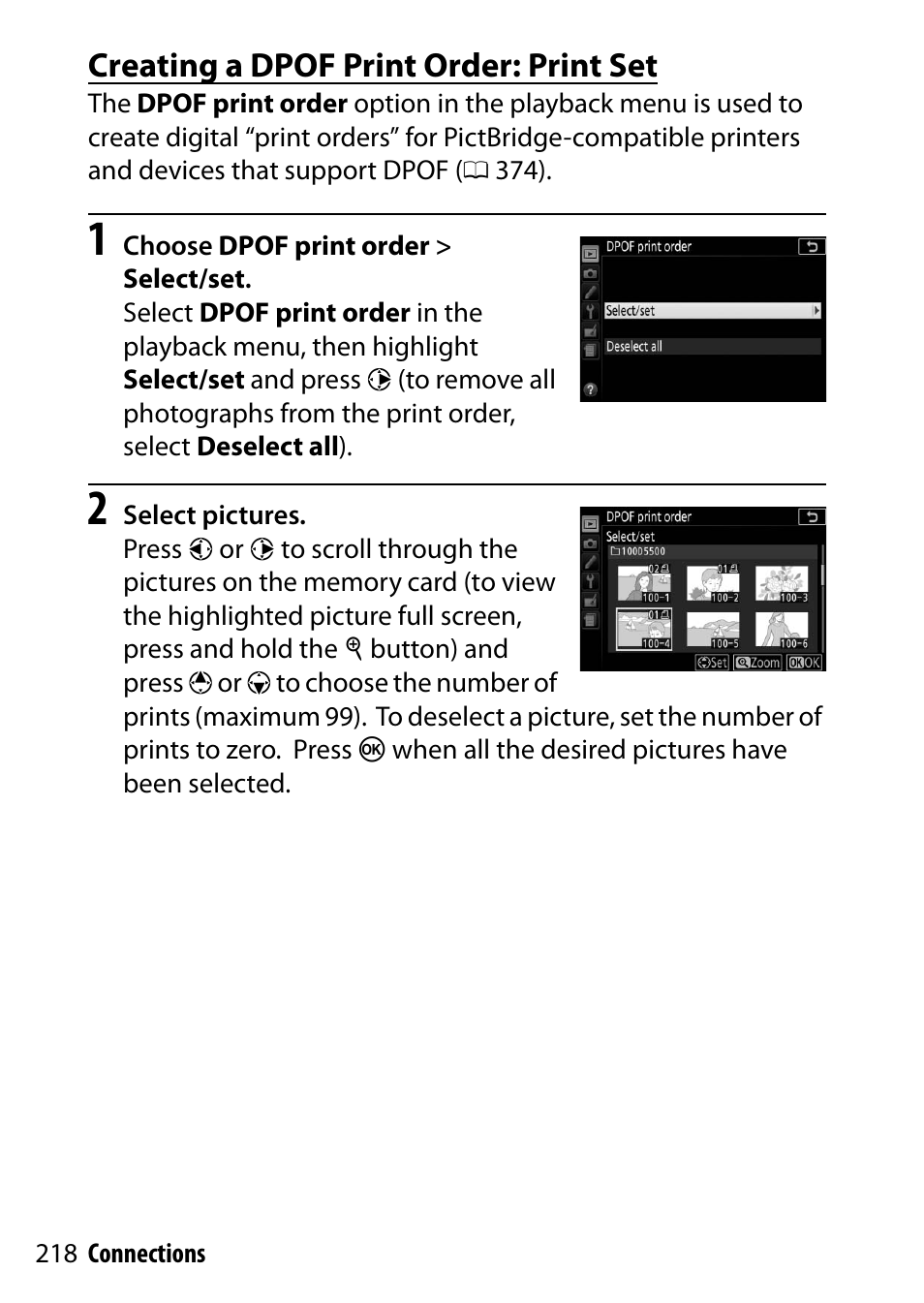 Creating a dpof print order: print set | Nikon D5500 User Manual | Page 242 / 436