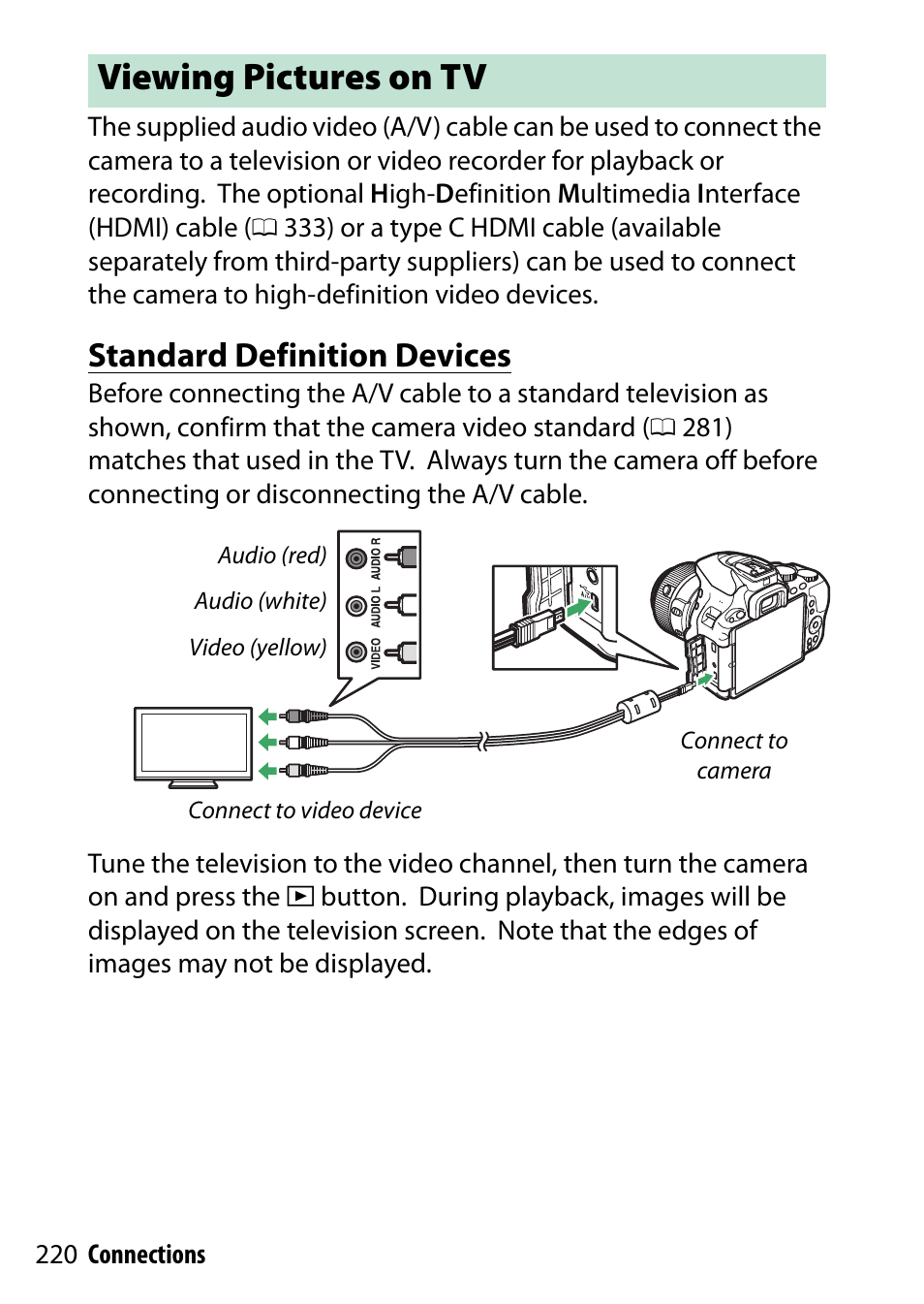 Viewing pictures on tv, Standard definition devices | Nikon D5500 User Manual | Page 244 / 436