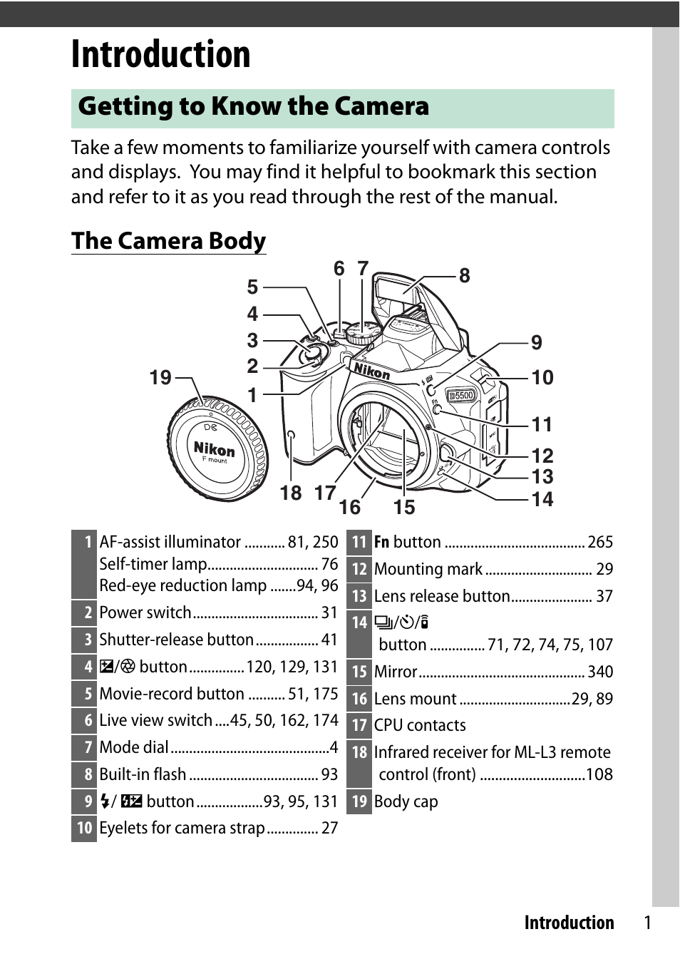 Introduction, Getting to know the camera, The camera body | Nikon D5500 User Manual | Page 25 / 436