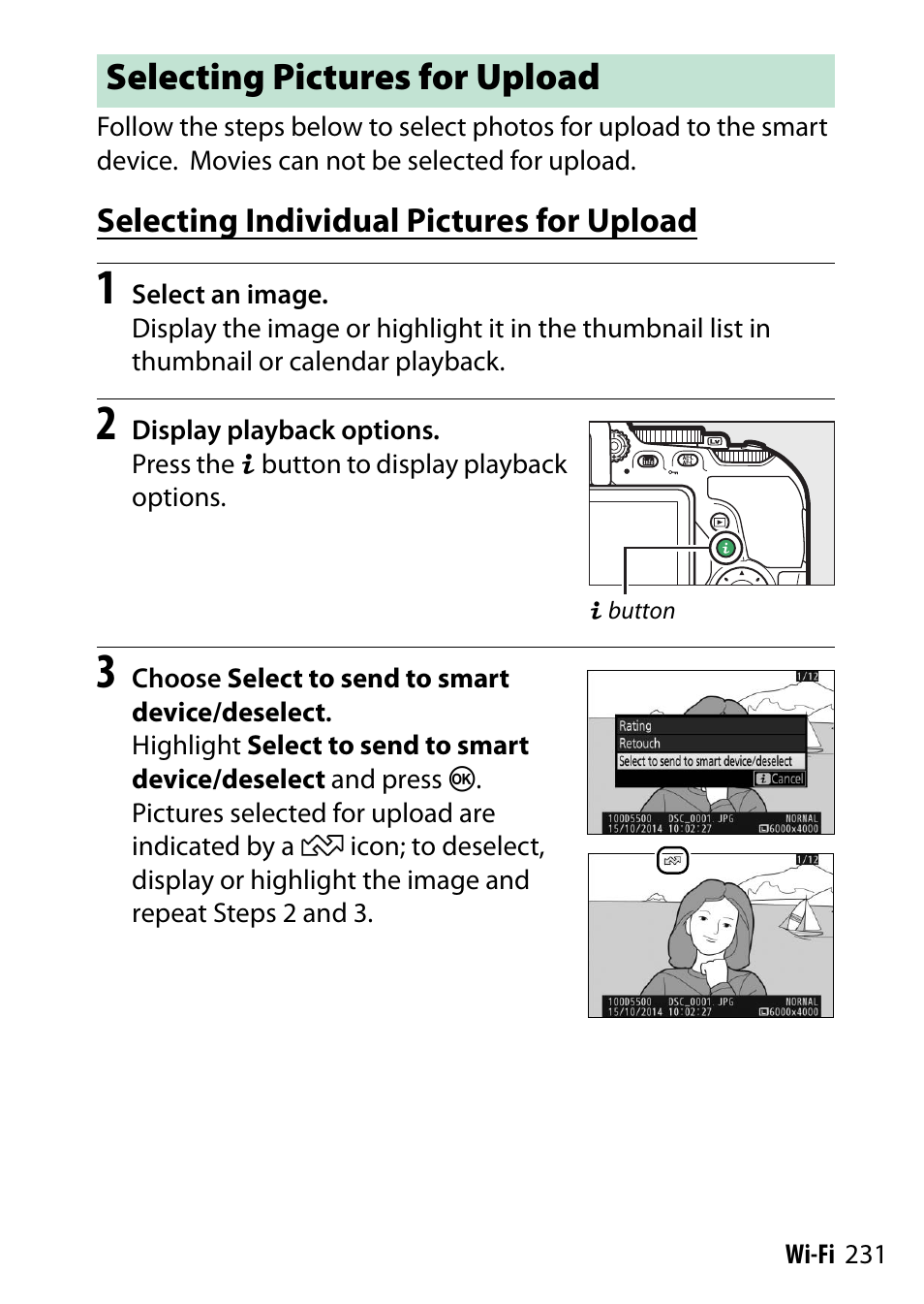 Selecting pictures for upload, Selecting individual pictures for upload | Nikon D5500 User Manual | Page 255 / 436