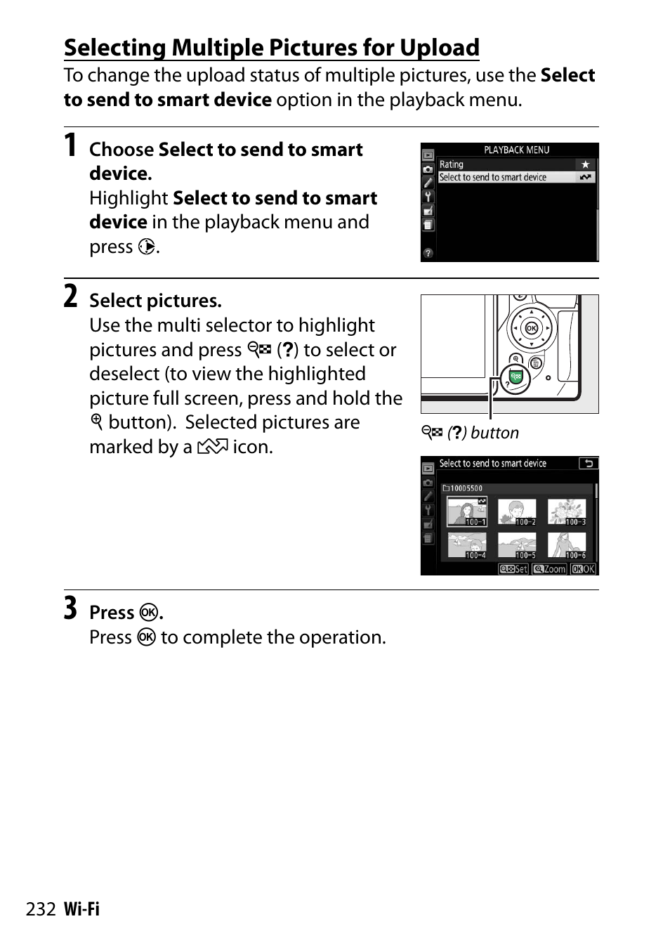 Selecting multiple pictures for upload | Nikon D5500 User Manual | Page 256 / 436