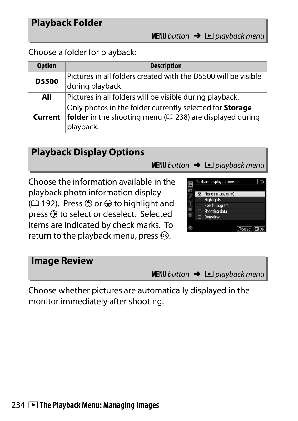 Playback folder, Playback display options, Image review | 0 234), pr | Nikon D5500 User Manual | Page 258 / 436