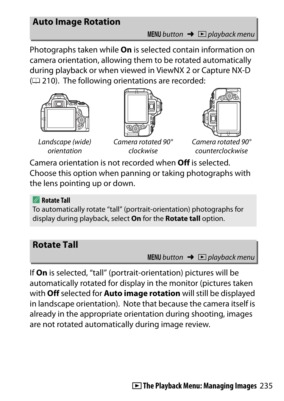 Auto image rotation, Rotate tall | Nikon D5500 User Manual | Page 259 / 436