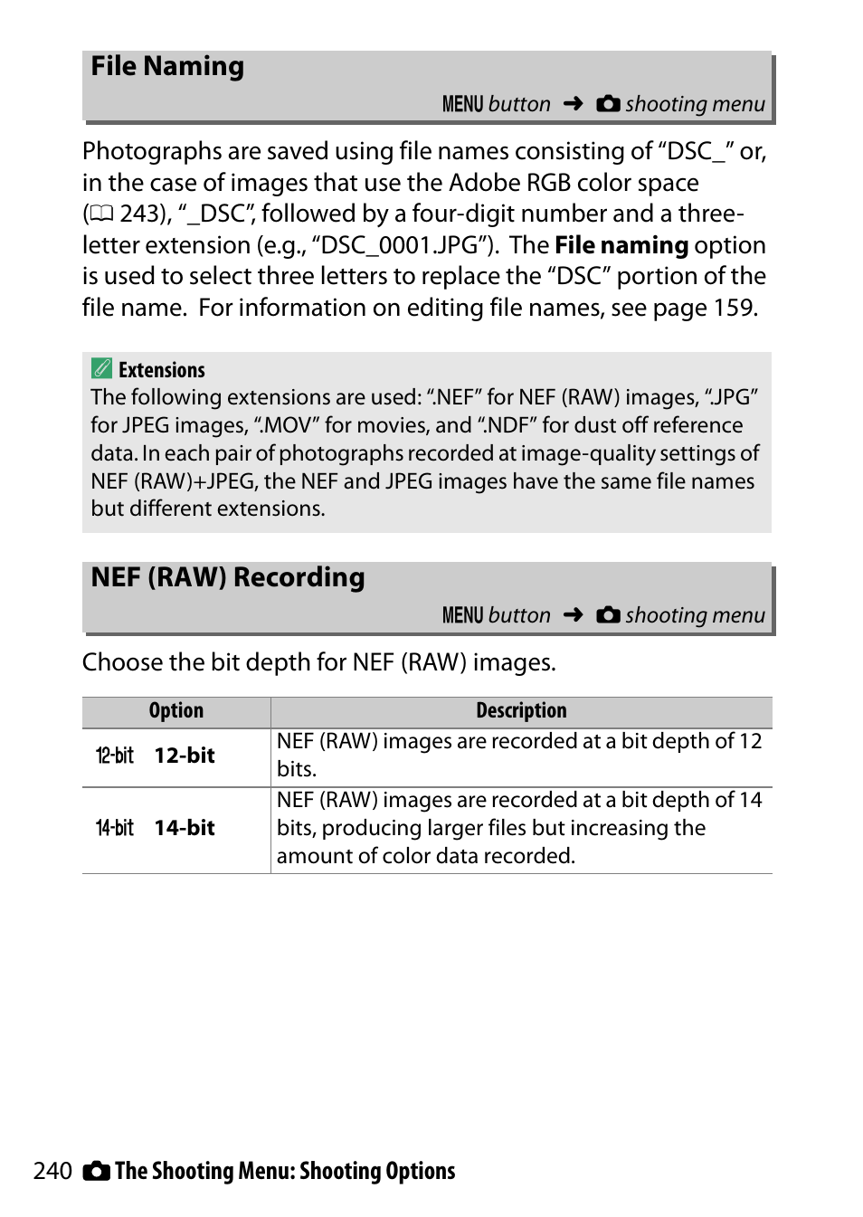 File naming, Nef (raw) recording | Nikon D5500 User Manual | Page 264 / 436