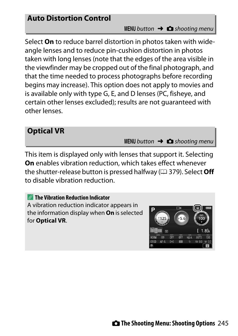 Auto distortion control, Optical vr | Nikon D5500 User Manual | Page 269 / 436
