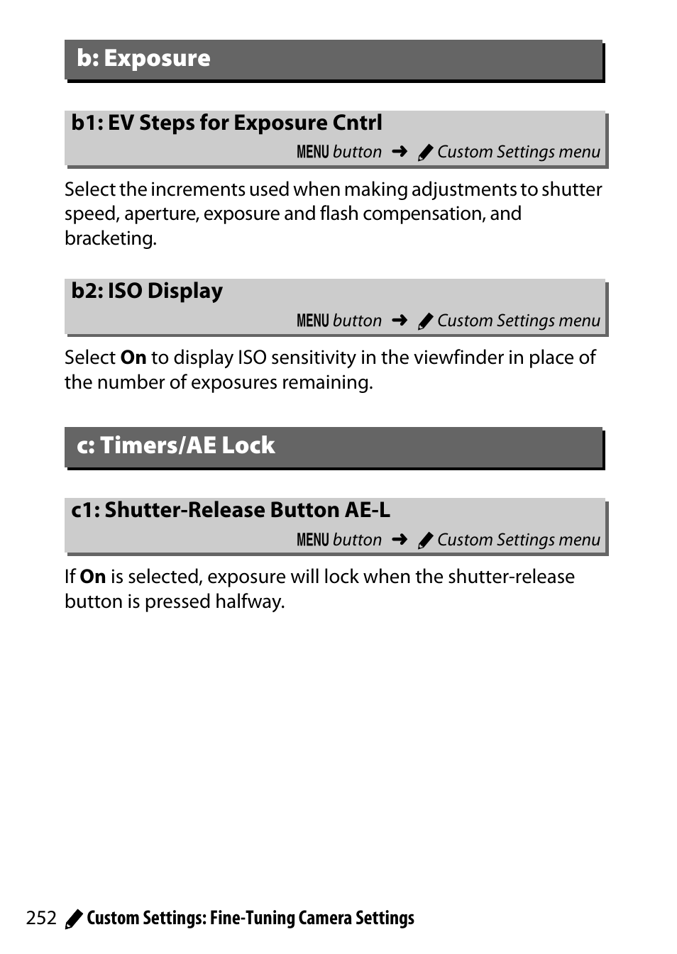 B: exposure, B1: ev steps for exposure cntrl, B2: iso display | C: timers/ae lock, C1: shutter-release button ae-l | Nikon D5500 User Manual | Page 276 / 436