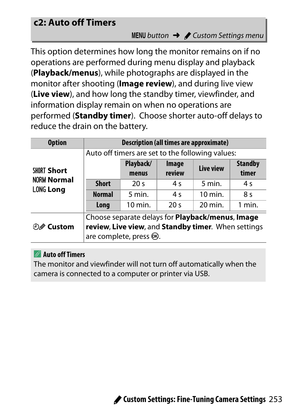 C2: auto off timers | Nikon D5500 User Manual | Page 277 / 436