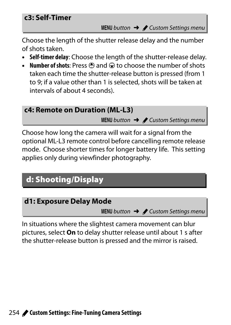 C3: self-timer, C4: remote on duration (ml-l3), D: shooting/display | D1: exposure delay mode | Nikon D5500 User Manual | Page 278 / 436