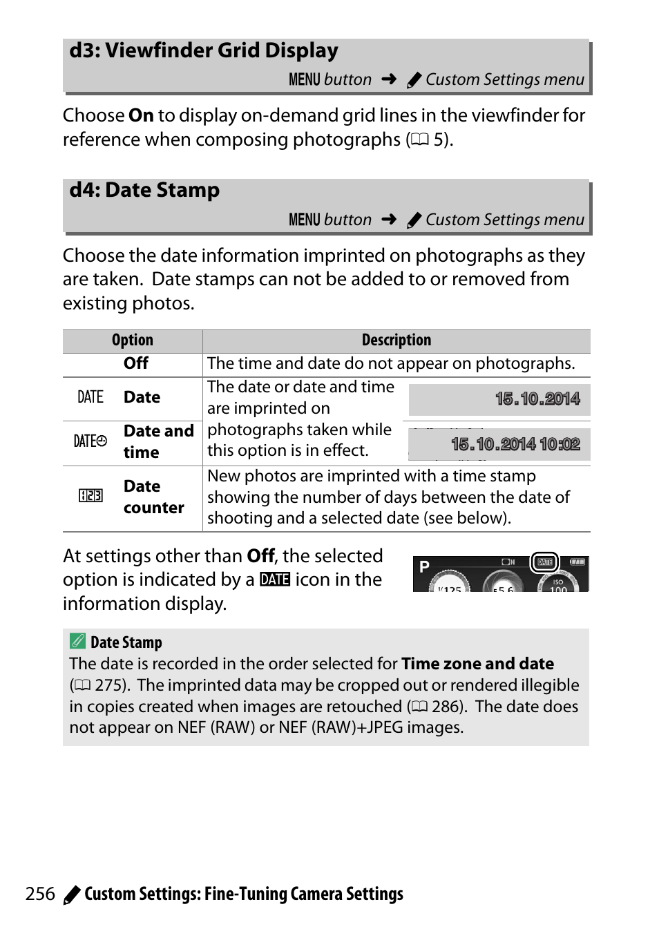 D3: viewfinder grid display, D4: date stamp, 0 256) a | 0 256), the dat | Nikon D5500 User Manual | Page 280 / 436