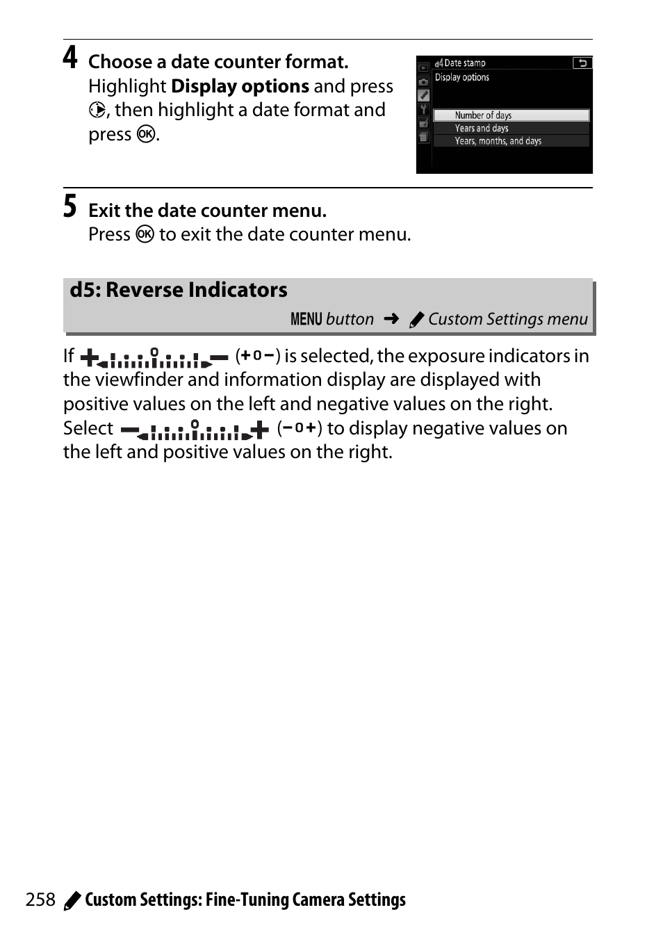 D5: reverse indicators | Nikon D5500 User Manual | Page 282 / 436