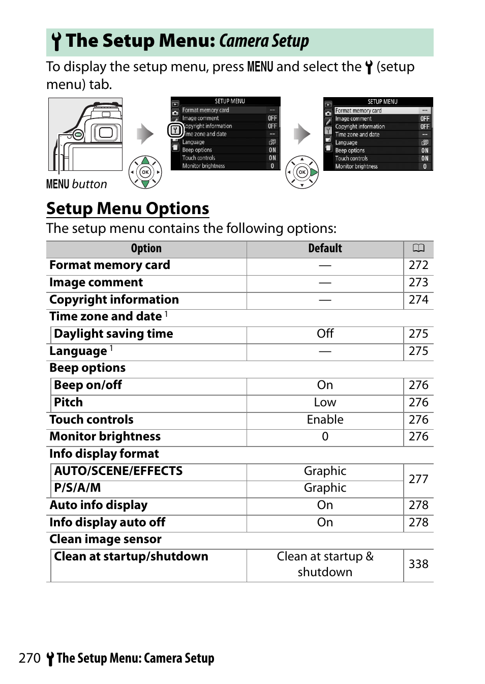 The setup menu: camera setup, Setup menu options, B the setup menu: camera setup | The setup menu contains the following options | Nikon D5500 User Manual | Page 294 / 436