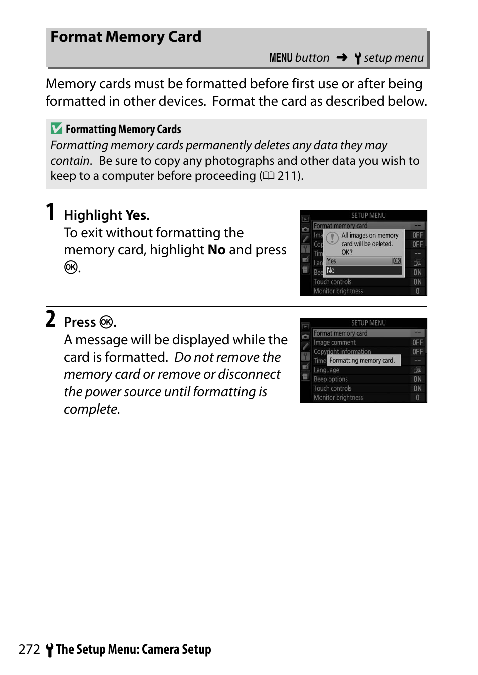 Format memory card, Atted, 0 272). t | Nikon D5500 User Manual | Page 296 / 436