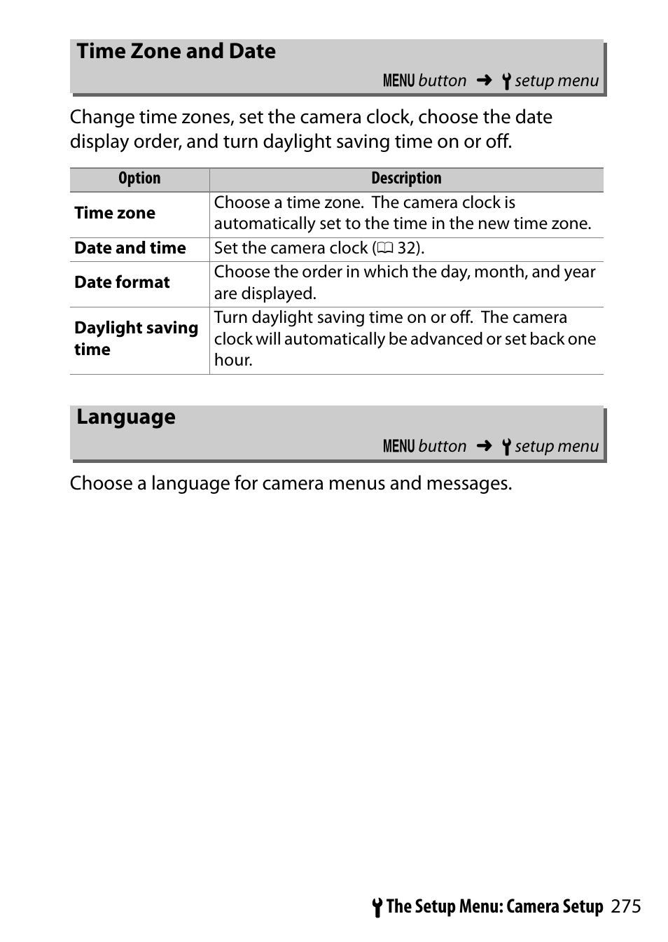 Time zone and date, Language | Nikon D5500 User Manual | Page 299 / 436