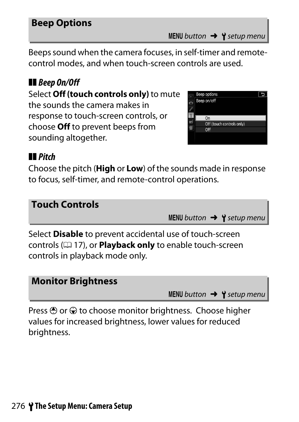 Beep options, Touch controls, Monitor brightness | Nikon D5500 User Manual | Page 300 / 436