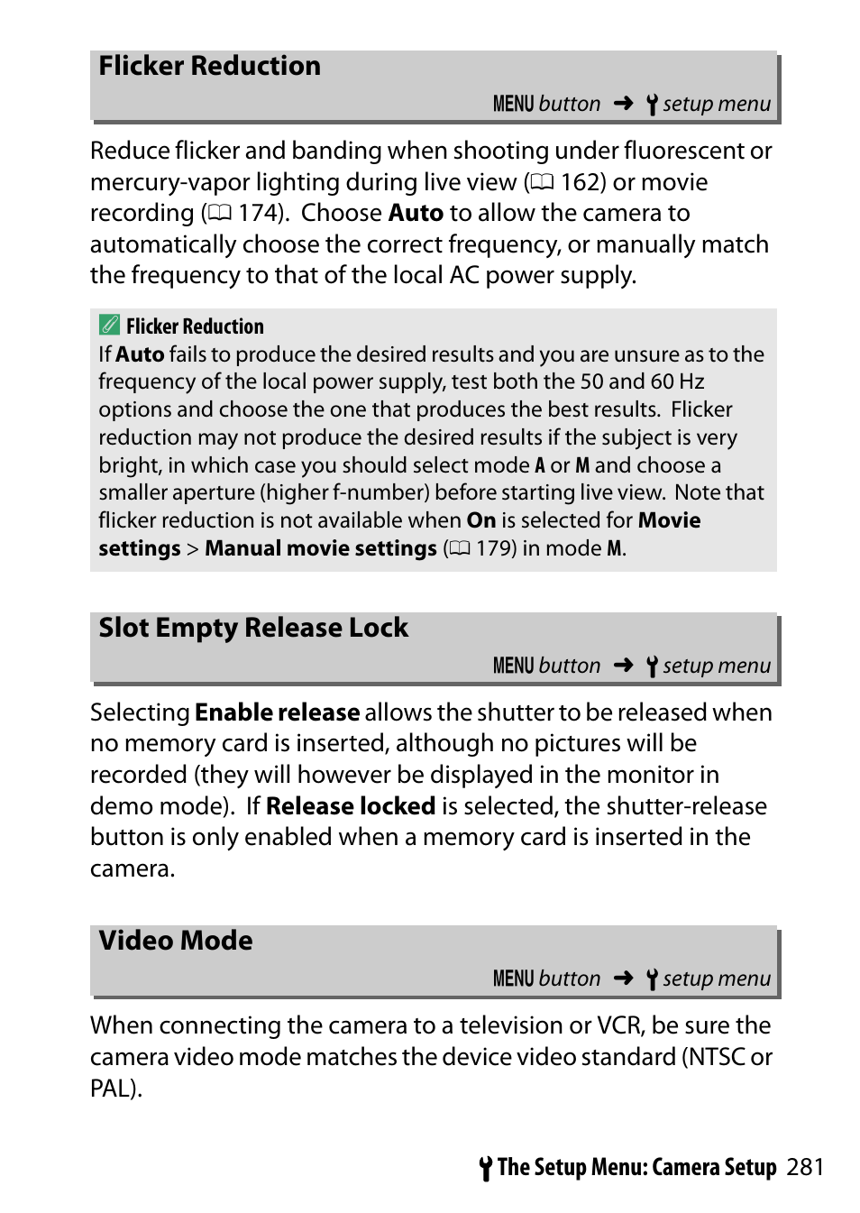 Flicker reduction, Slot empty release lock, Video mode | Nikon D5500 User Manual | Page 305 / 436