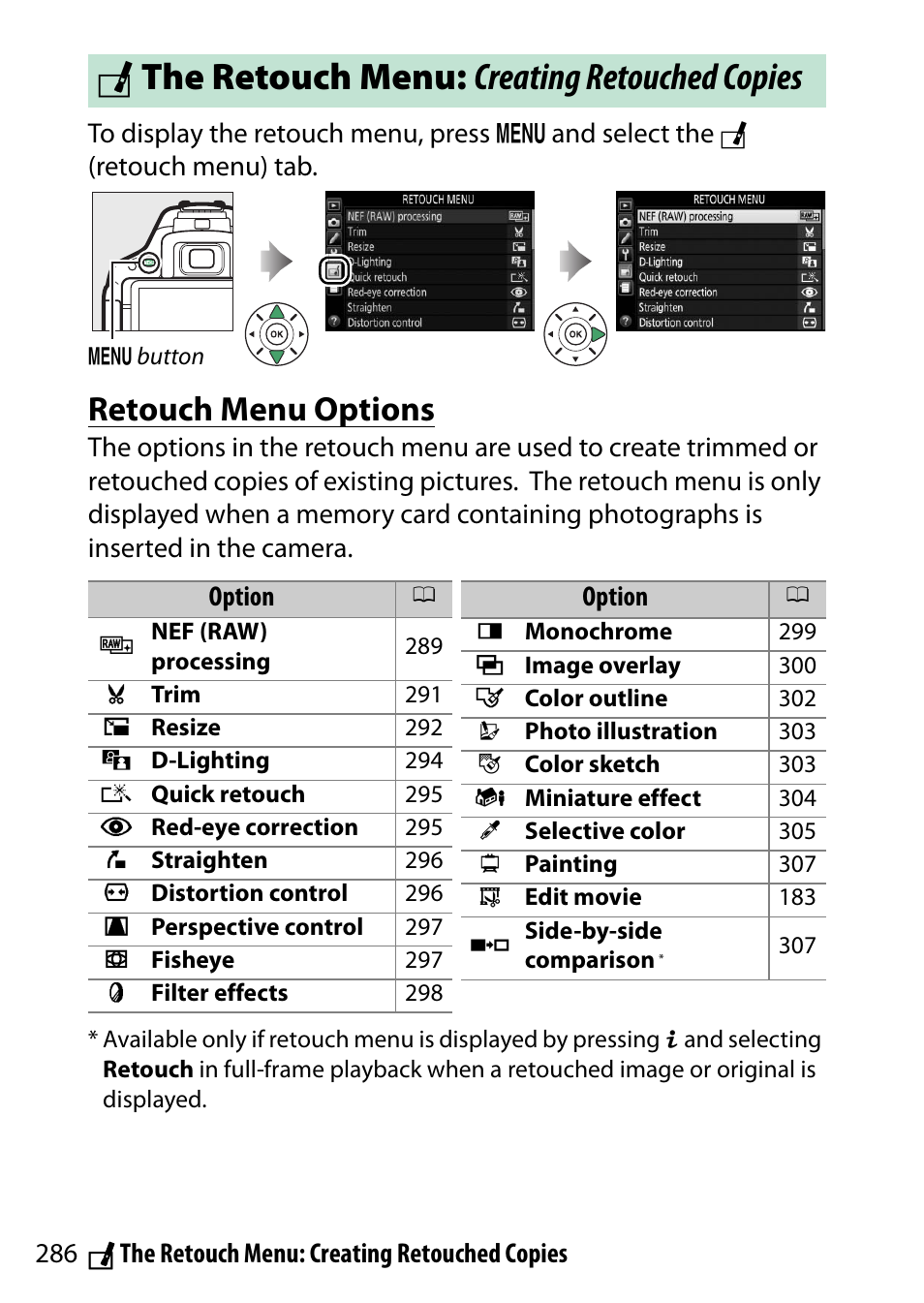 The retouch menu: creating retouched copies, Retouch menu options, N the retouch menu: creating retouched copies | Nikon D5500 User Manual | Page 310 / 436