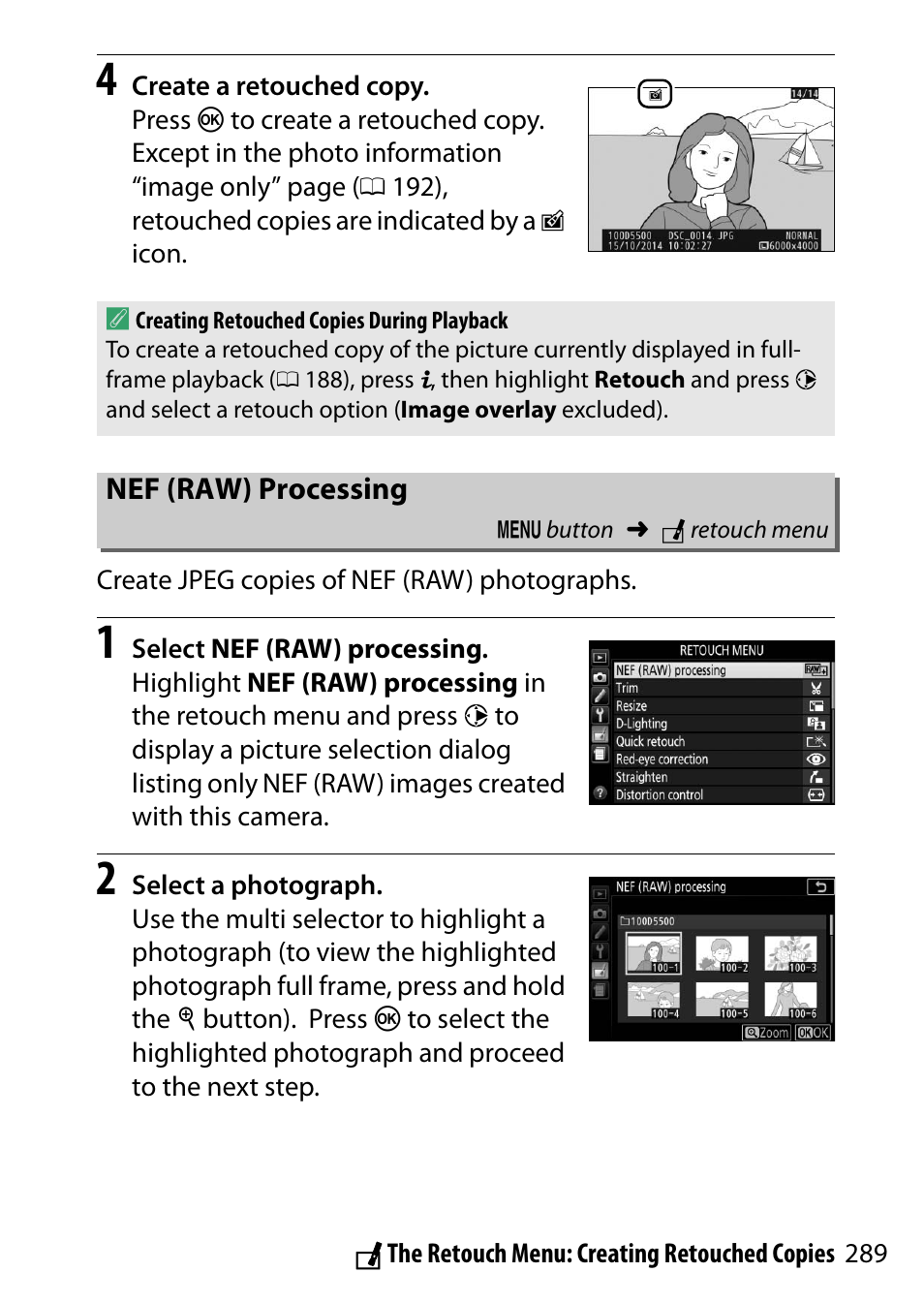 Nef (raw) processing, Touch menu | Nikon D5500 User Manual | Page 313 / 436