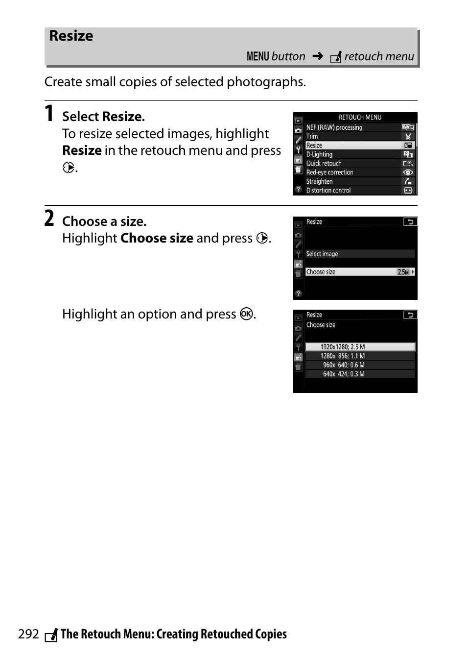 Resize | Nikon D5500 User Manual | Page 316 / 436