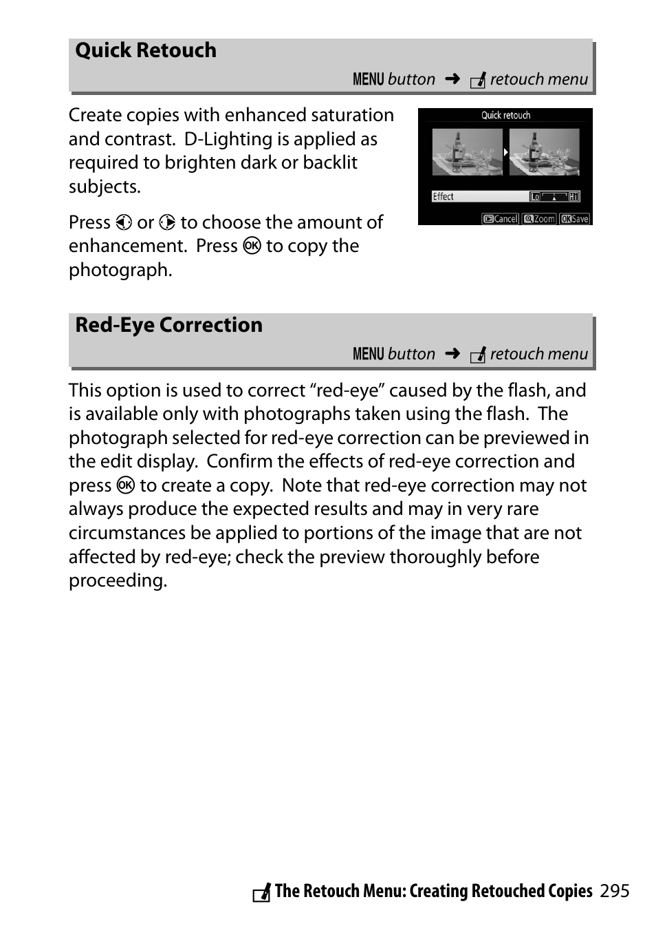 Quick retouch, Red-eye correction | Nikon D5500 User Manual | Page 319 / 436