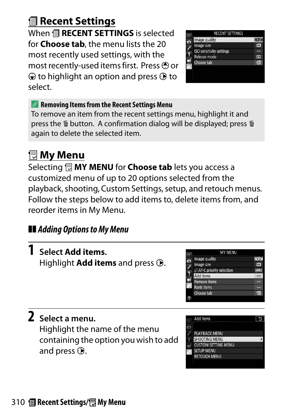 Recent settings, My menu, M recent settings | O my menu | Nikon D5500 User Manual | Page 334 / 436