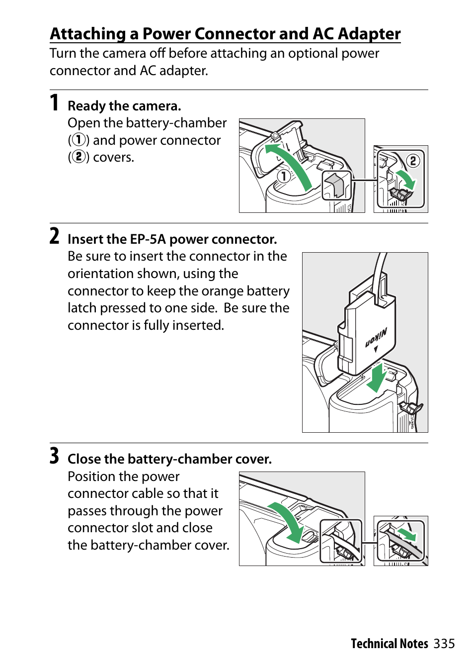 Attaching a power connector and ac adapter | Nikon D5500 User Manual | Page 359 / 436