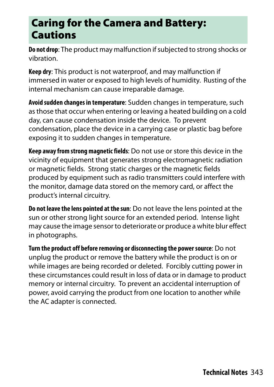 Caring for the camera and battery: cautions, D 343 | Nikon D5500 User Manual | Page 367 / 436