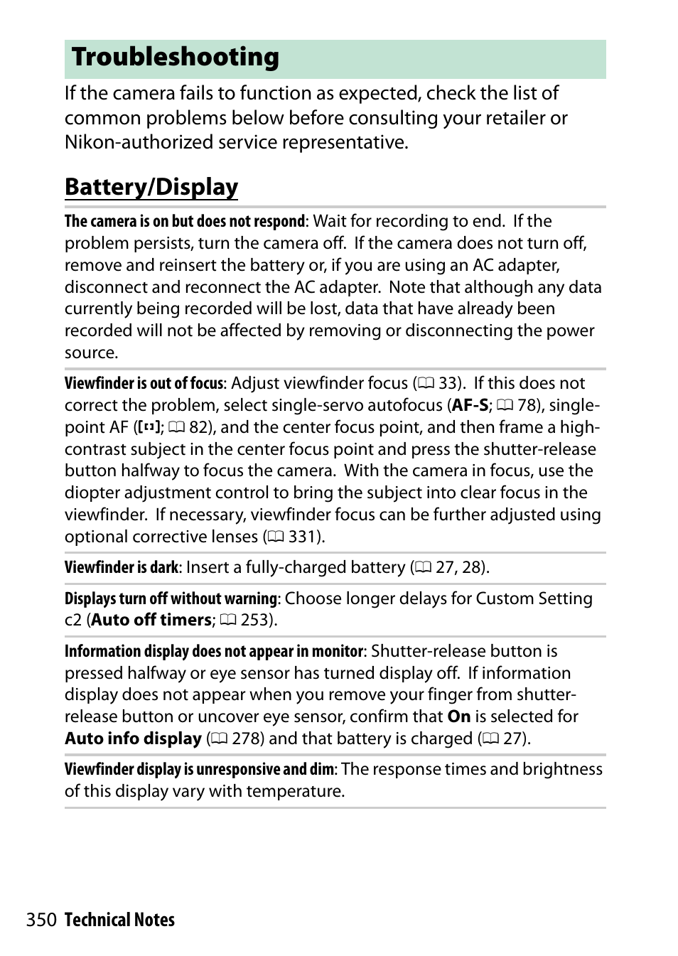 Troubleshooting, Battery/display | Nikon D5500 User Manual | Page 374 / 436