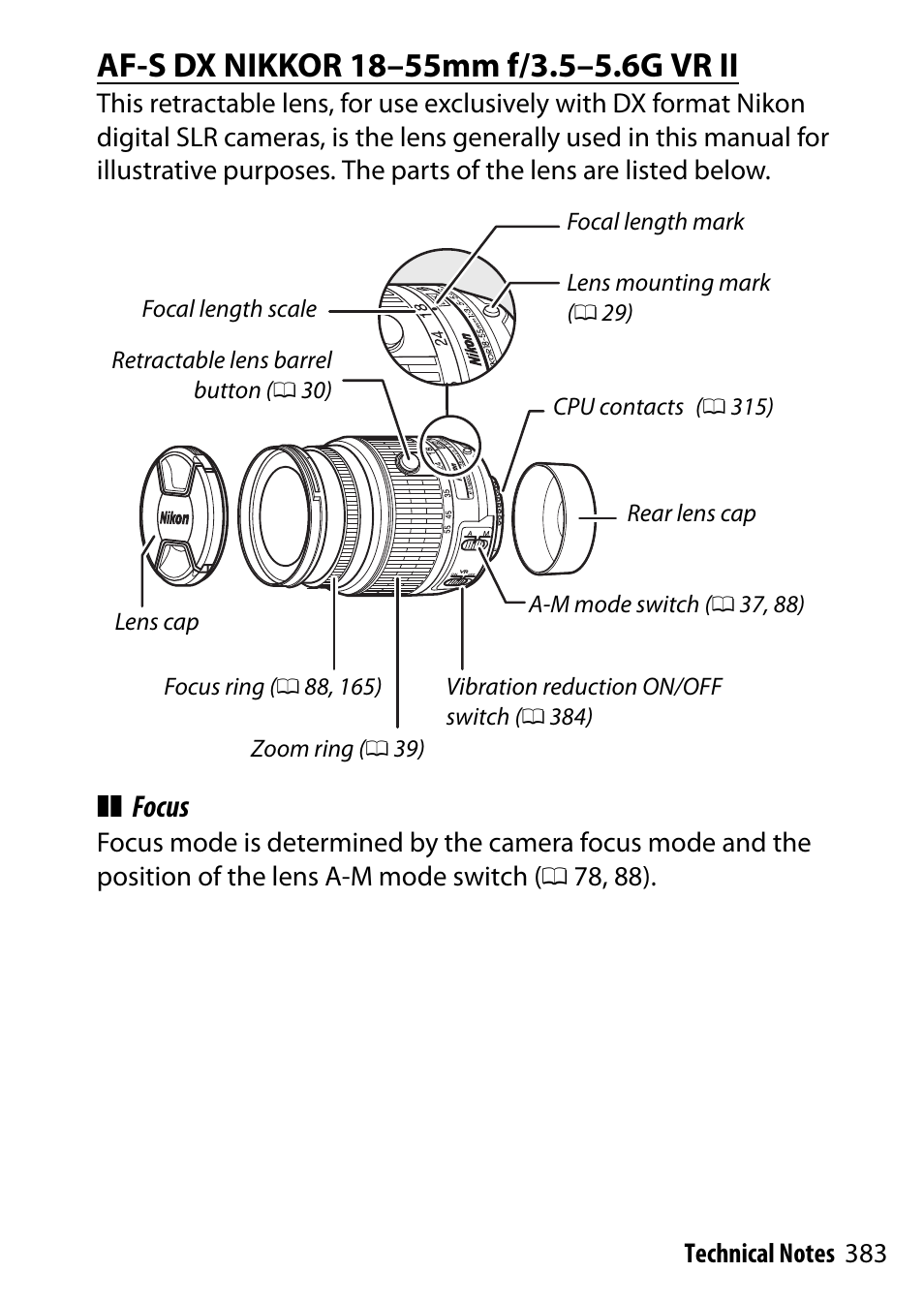 Af-s dx nikkor 18–55mm f/3.5–5.6g vr ii, Focus | Nikon D5500 User Manual | Page 407 / 436