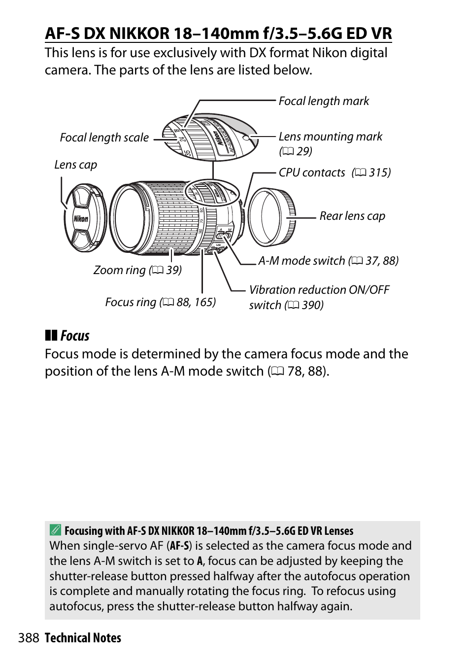Af-s dx nikkor 18–140mm f/3.5–5.6g ed vr, Focus | Nikon D5500 User Manual | Page 412 / 436