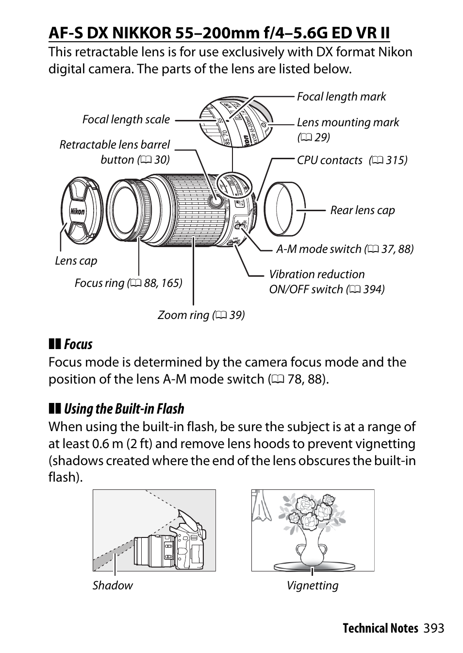 Af-s dx nikkor 55–200mm f/4–5.6g ed vr ii, Focus, Using the built-in flash | Nikon D5500 User Manual | Page 417 / 436