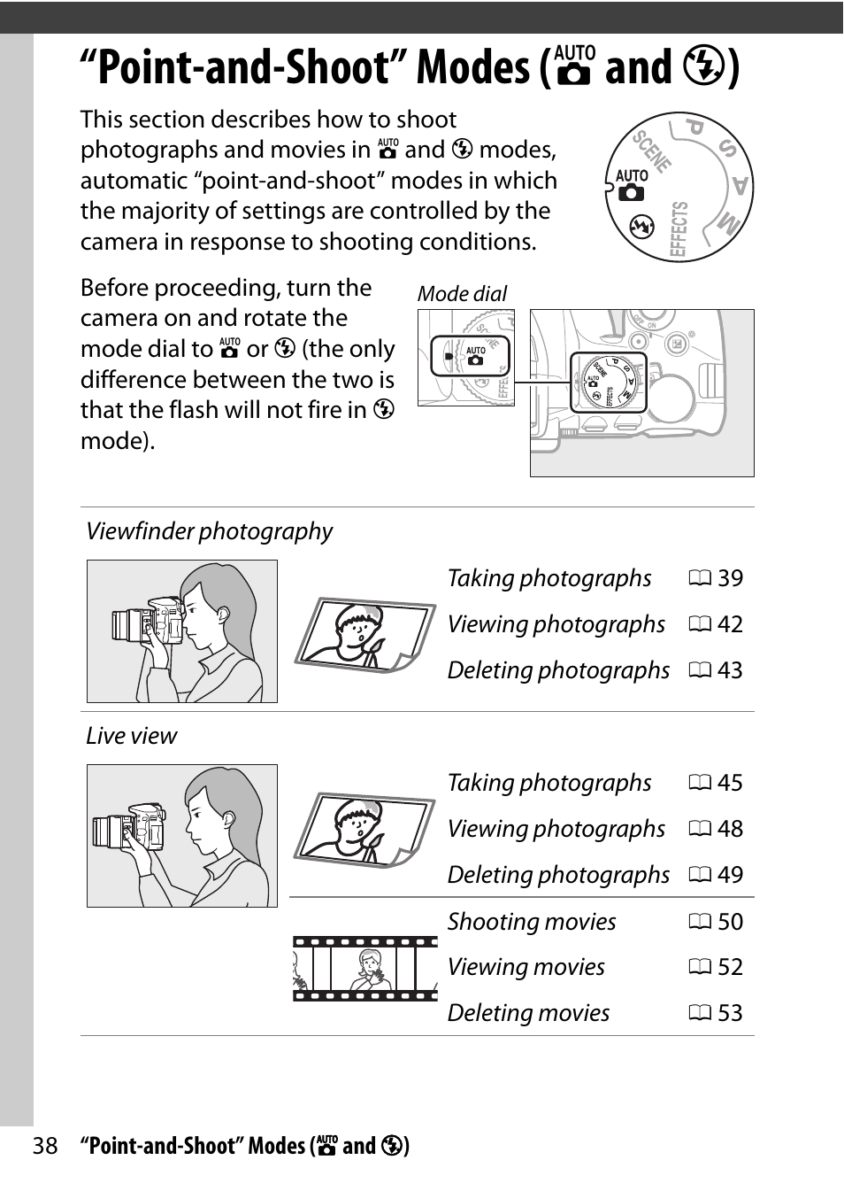 Point-and-shoot” modes (auto and auto (flash off)), Point-and-shoot” modes ( i and j ) | Nikon D5500 User Manual | Page 62 / 436