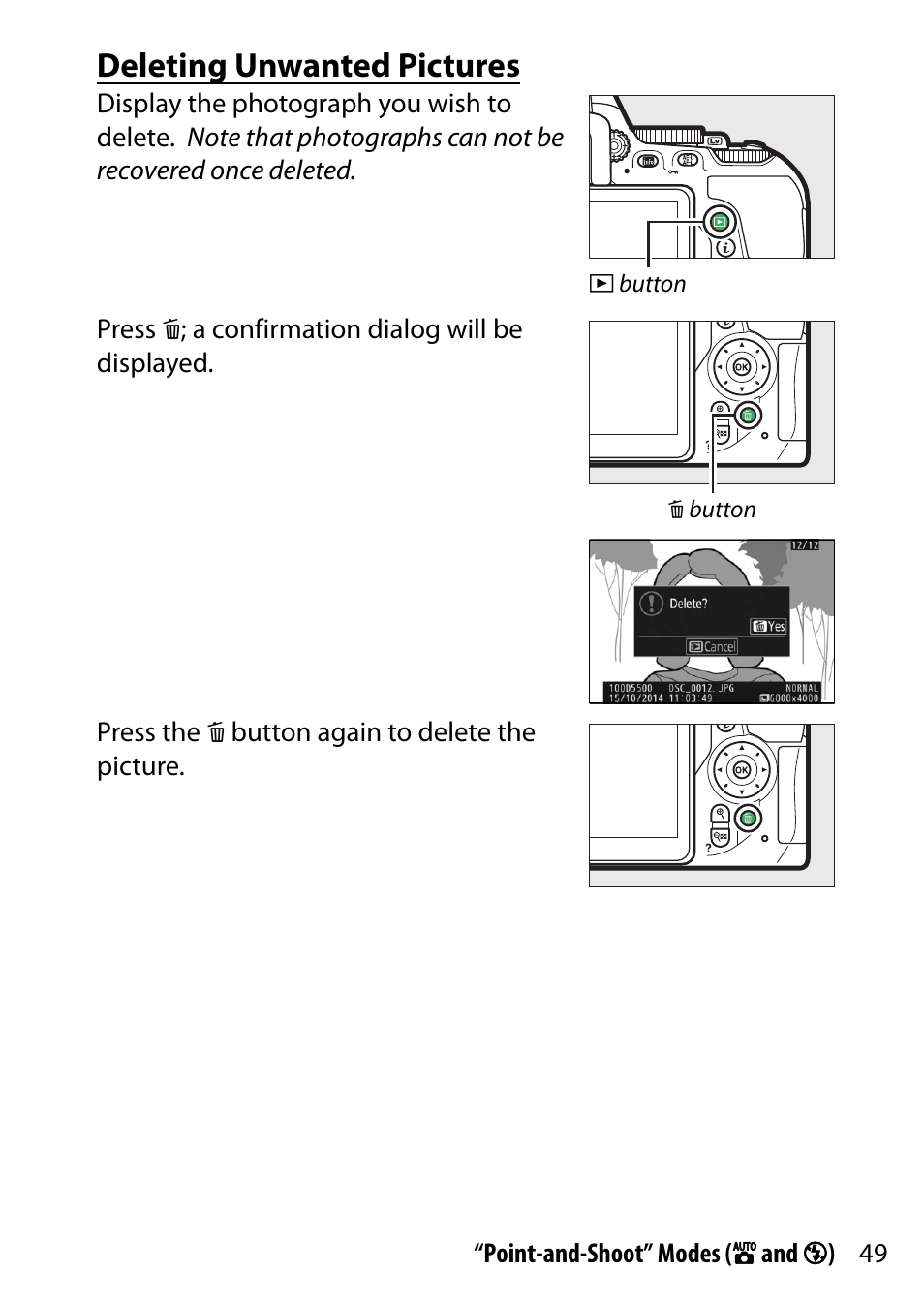 Deleting unwanted pictures | Nikon D5500 User Manual | Page 73 / 436