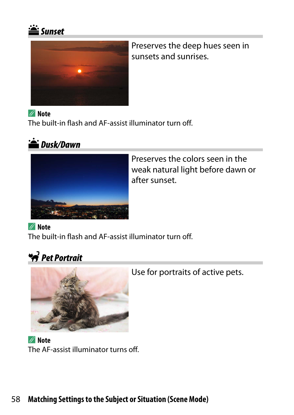 Sunset, Dusk/dawn, Pet portrait | Nikon D5500 User Manual | Page 82 / 436