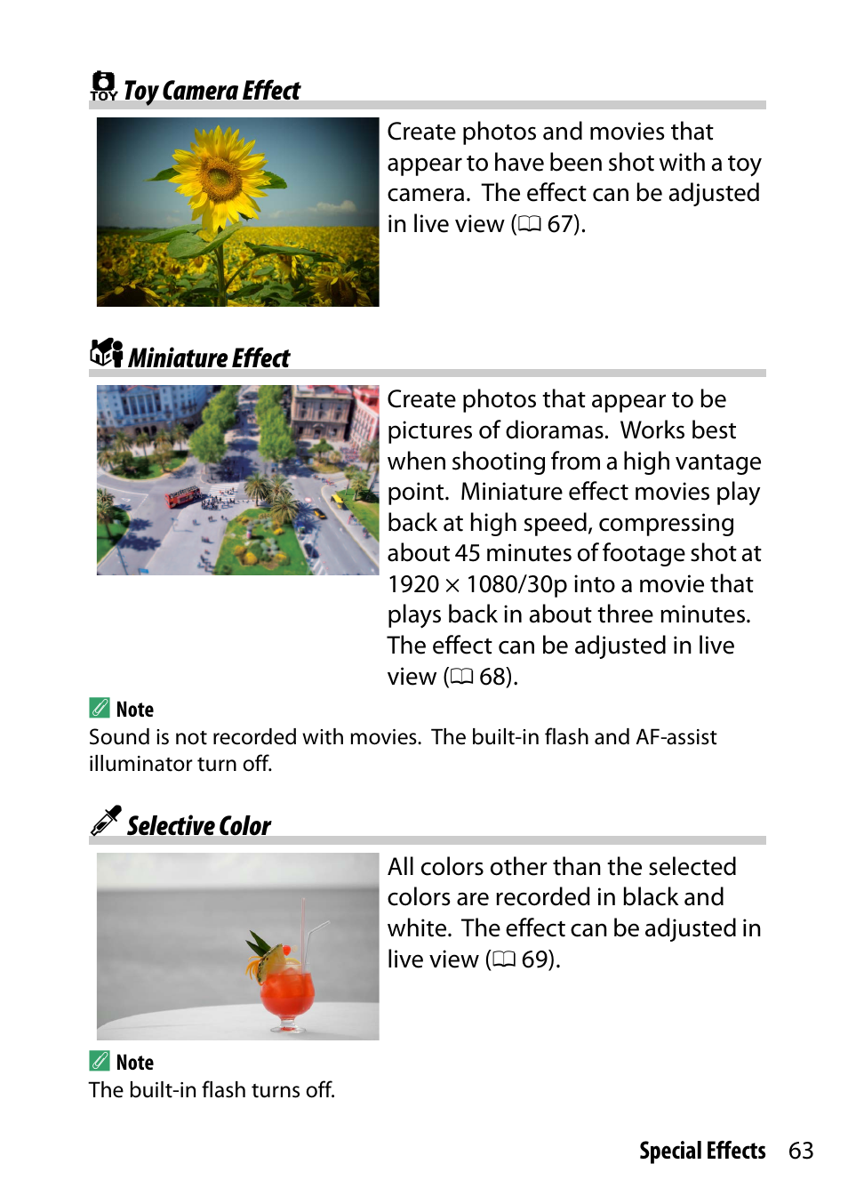 Toy camera effect, Miniature effect, Selective color | Nikon D5500 User Manual | Page 87 / 436
