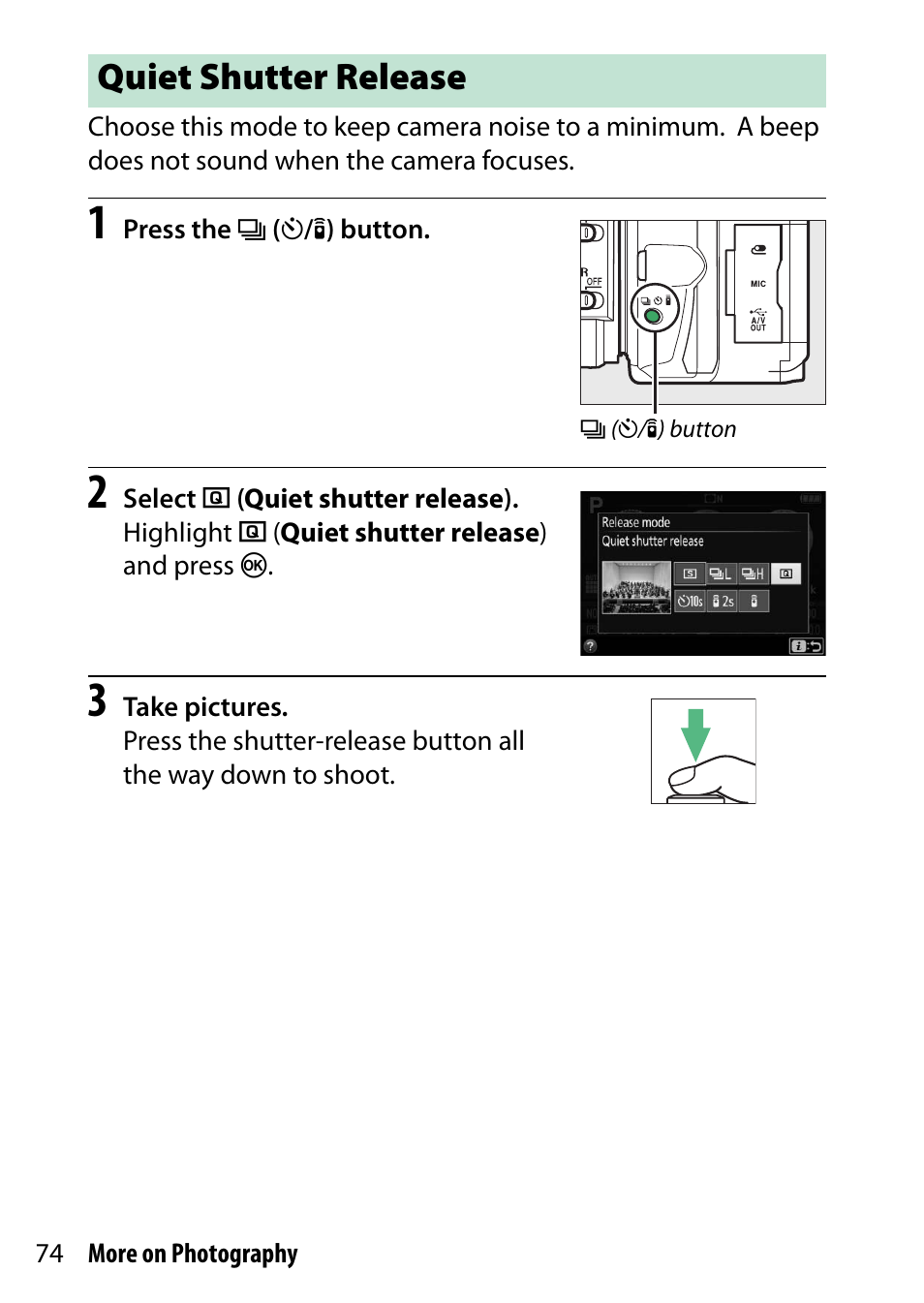 Quiet shutter release | Nikon D5500 User Manual | Page 98 / 436