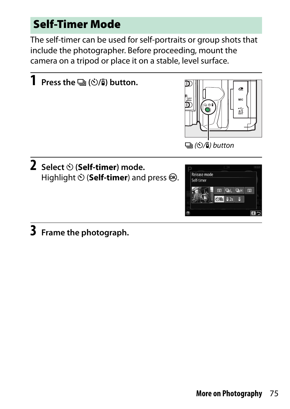 Self-timer mode | Nikon D5500 User Manual | Page 99 / 436