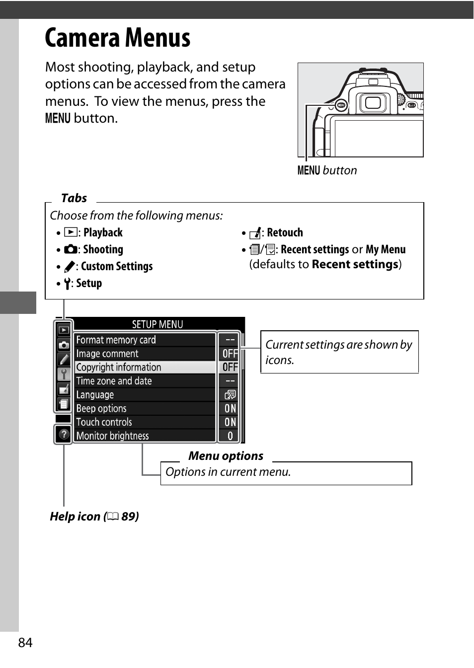 Camera menus | Nikon D5500 User Manual | Page 106 / 156