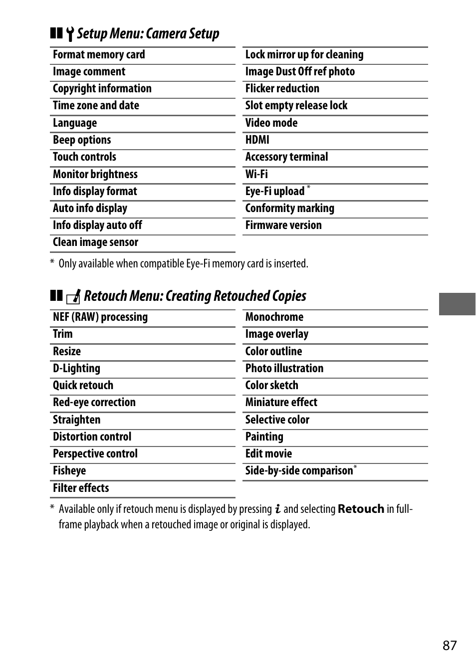 0 87) i, B setup menu: camera setup, N retouch menu: creating retouched copies | Nikon D5500 User Manual | Page 109 / 156