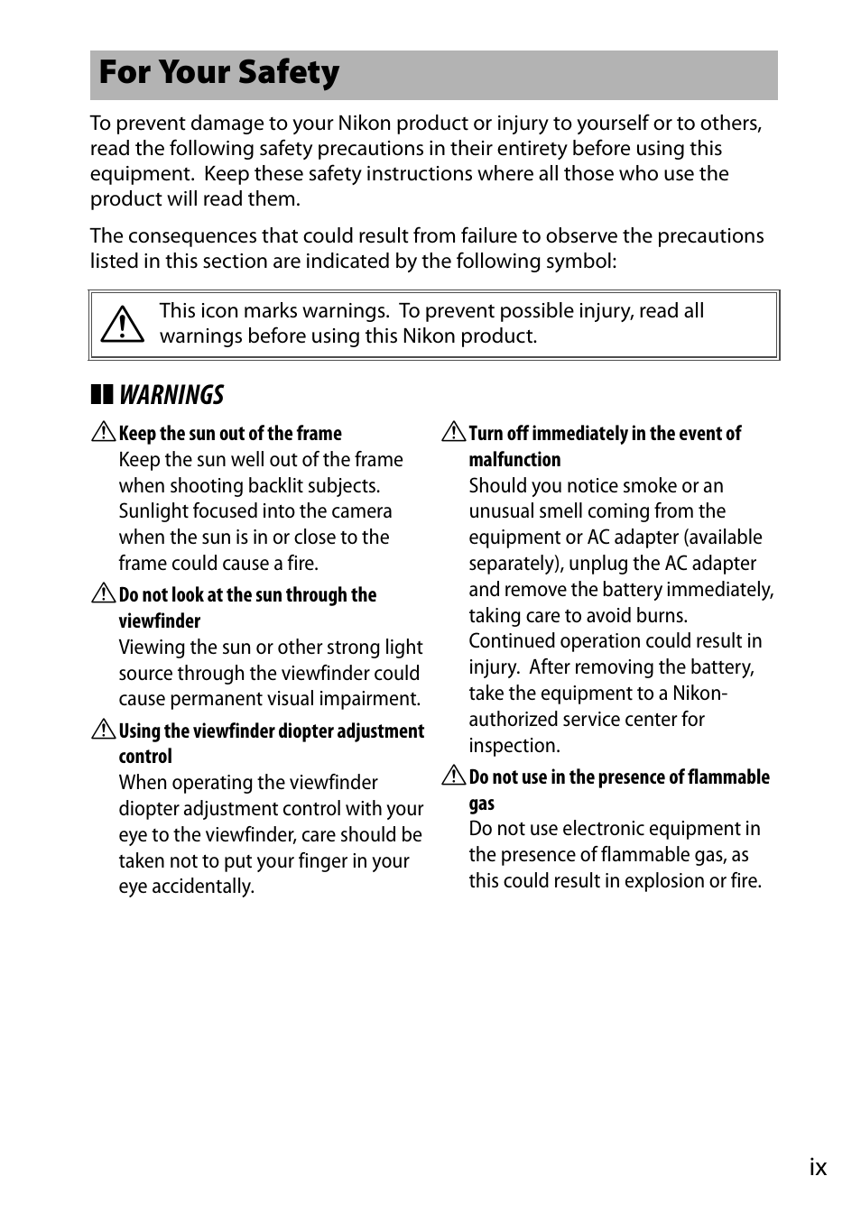 For your safety, 0 ix–xii), Warnings | Nikon D5500 User Manual | Page 11 / 156