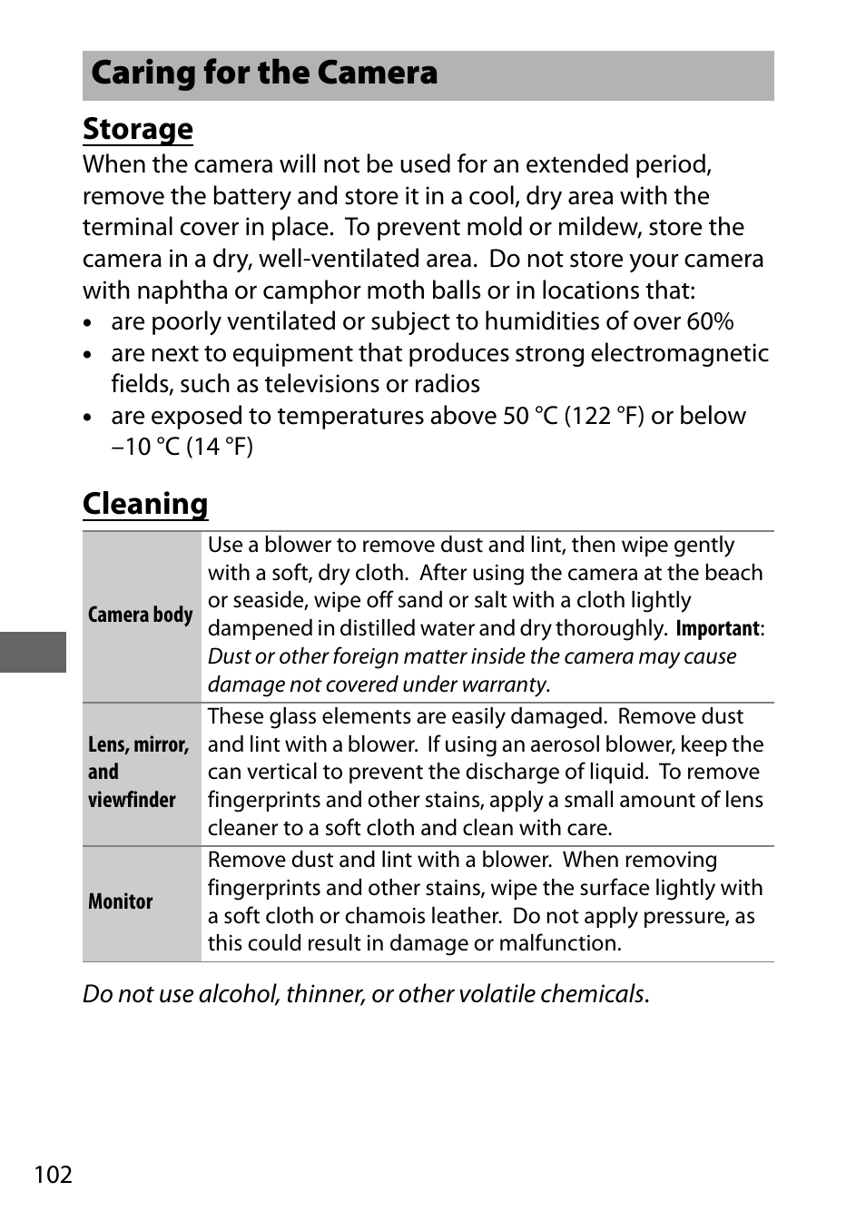 Caring for the camera, Storage, Cleaning | Nikon D5500 User Manual | Page 124 / 156