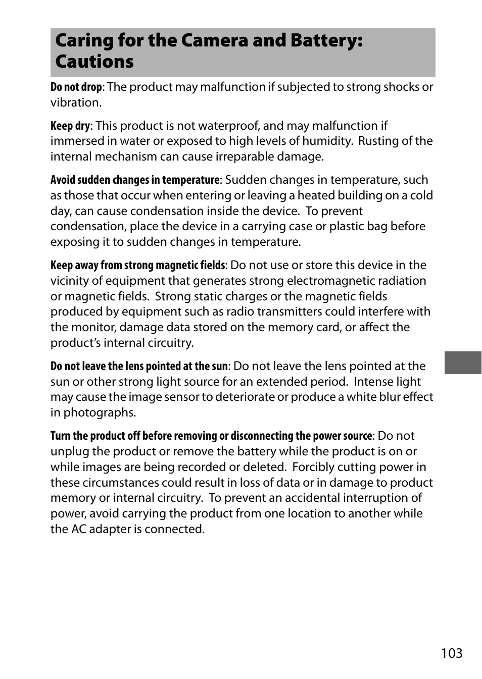 Caring for the camera and battery: cautions | Nikon D5500 User Manual | Page 125 / 156
