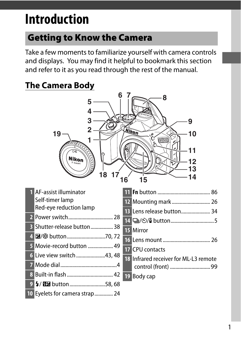 Introduction, Getting to know the camera, The camera body | Nikon D5500 User Manual | Page 23 / 156