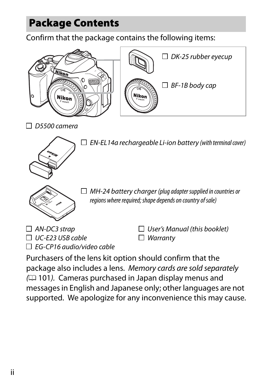 Package contents | Nikon D5500 User Manual | Page 4 / 156