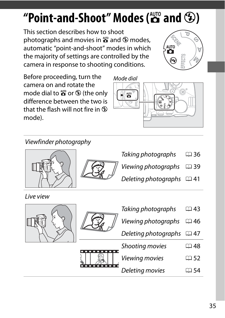 Point-and-shoot” modes (auto and auto (flash off)), Point-and-shoot” modes ( i and j ) | Nikon D5500 User Manual | Page 57 / 156