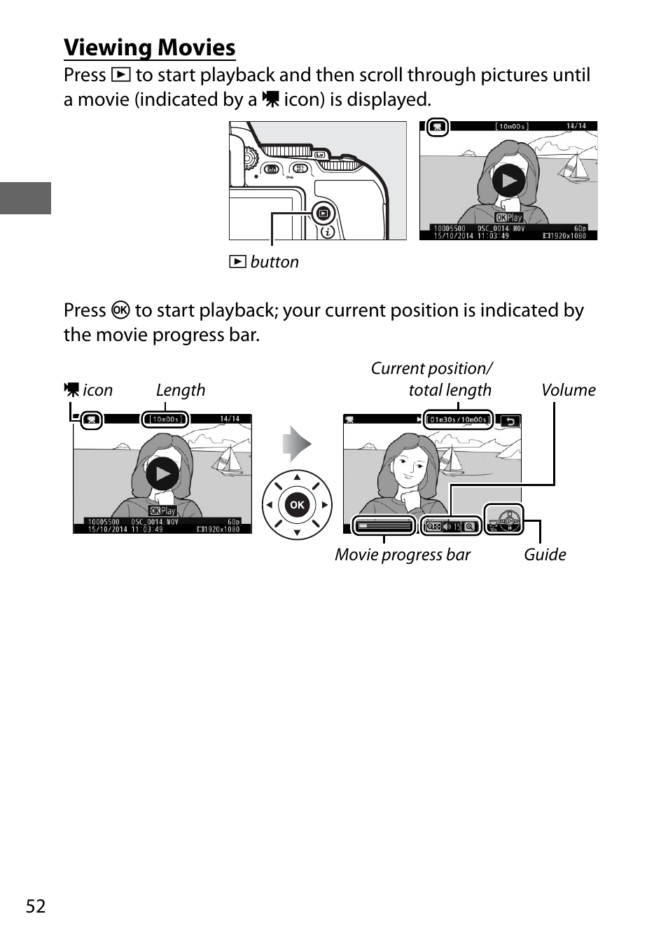 Viewing movies | Nikon D5500 User Manual | Page 74 / 156