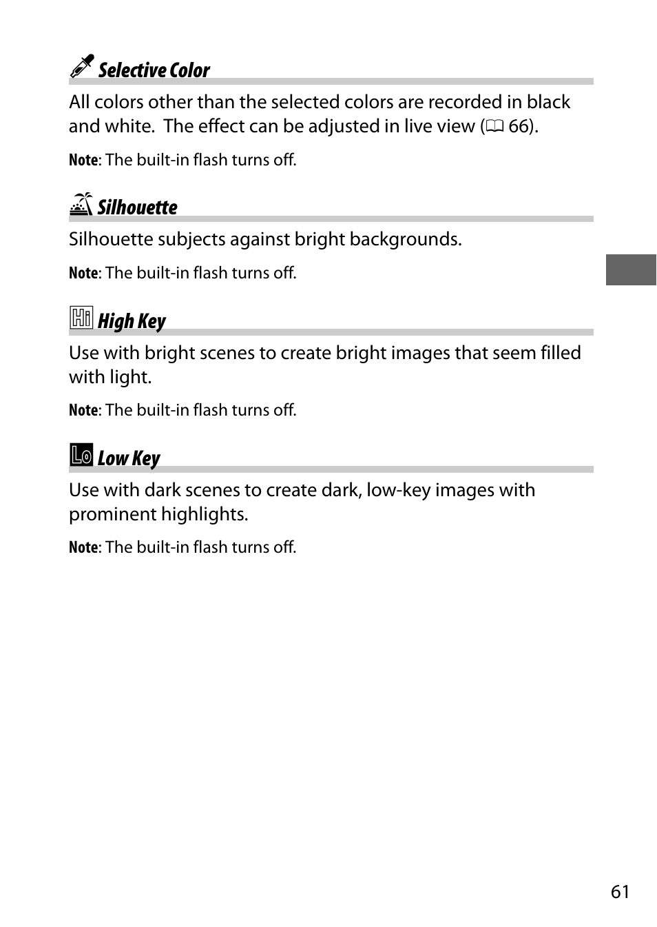 Selective color, Silhouette, High key | Low key | Nikon D5500 User Manual | Page 83 / 156